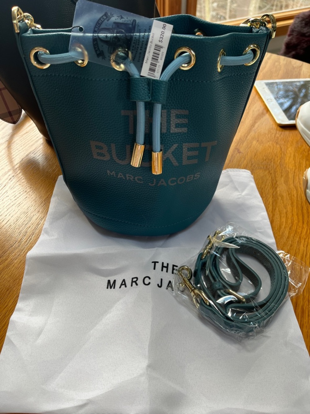 Marc Jacobs Teal Leather Drawstring Bucket Bag with Gold Hardware